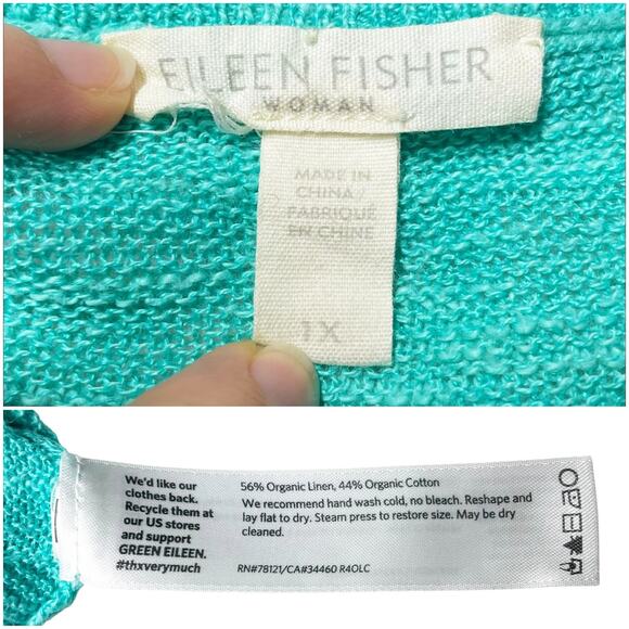 EILEEN FISHER Organic Linen & Cotton V-Neck Slub Tunic Sweater Sea Breeze Sz 1X - Picture 7 of 8